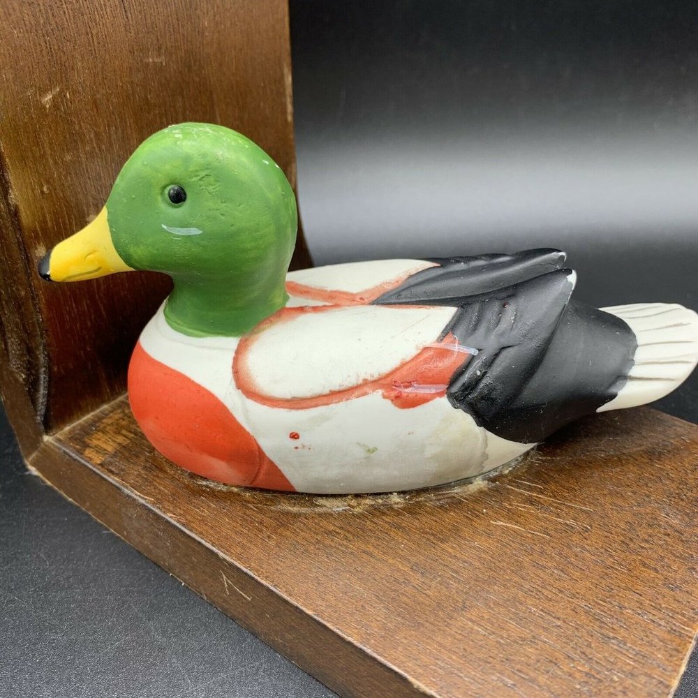 Vintage Duck Book End Ceramic Mallard Duck Wooden Bookend Single Bird Lover - Picture 5 of 9